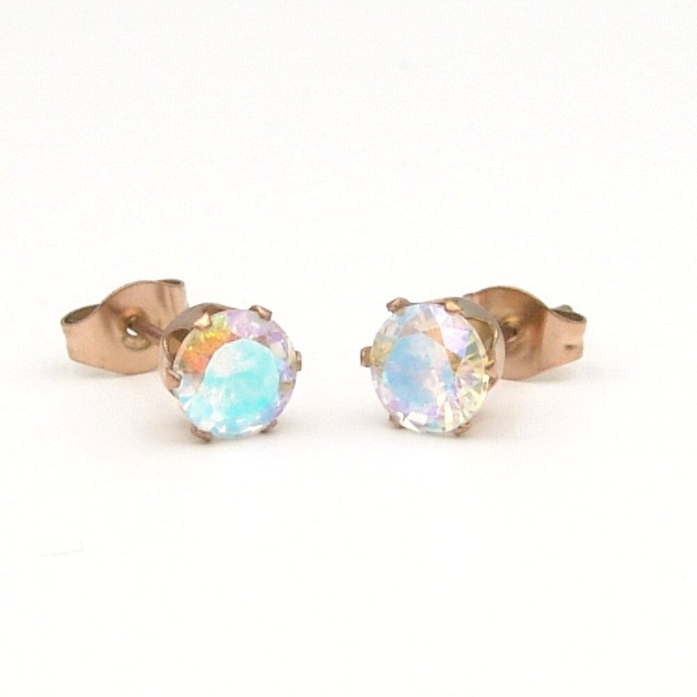 Rose Gold PVD Stud Earrings Aurora Borealis Surgical Steel 6mm Carded